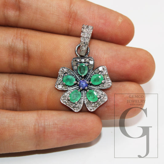 Shiny silver natural emerald floral pendant designer Rosecut pave diamond pendant 925 sterling silver handmade diamond antique look pendent