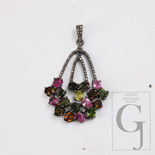 1pc Multi Tourmaline Designer Pendant Rosecut Pave Diamond Pendant 925 Sterling Silver Handmade Finish Diamond Charms Necklace Pendant