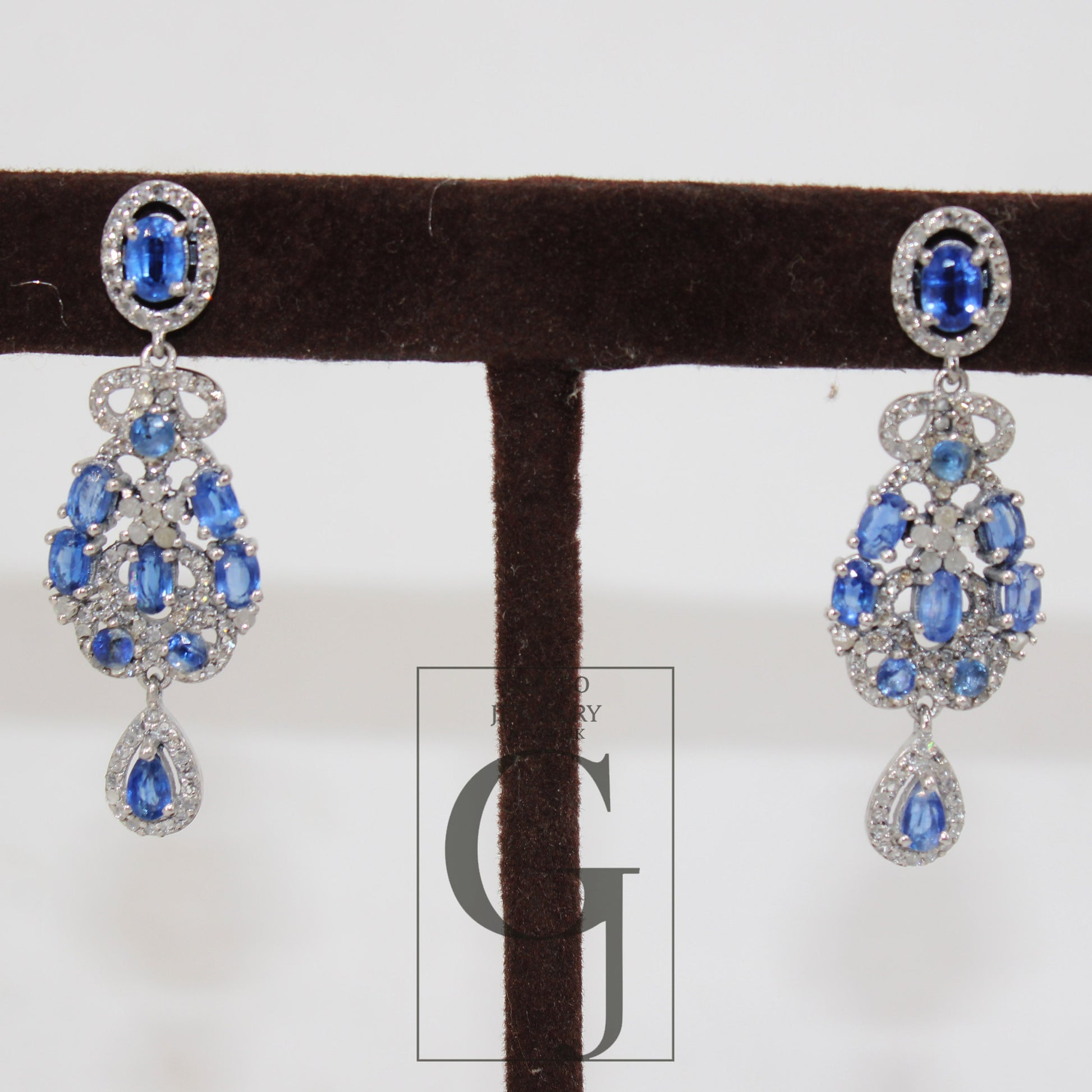 Beautiful blue Kyanite designer earring Rosecut pave diamond earrings 925 sterling silver handmade silver finish diamond Kyanite earrings