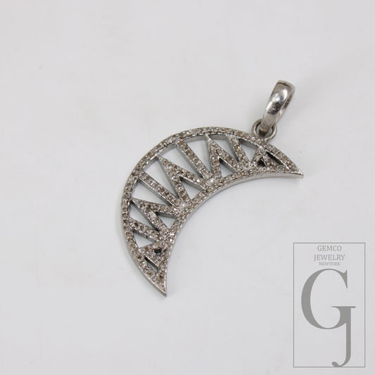 1pc Crescent Moon Pendant Designer Rosecut Pave Diamond Pendant Sterling 925 Silver Handmade Finish Diamond Charms Necklace Pendant
