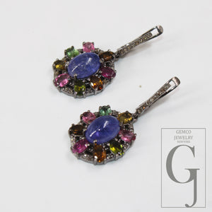 Antique Look Tanzanite Multi Tourmaline Earring Rosecut Pave Diamond Earrings 925 Sterling Silver Handmade Silver Finish Diamond Earring