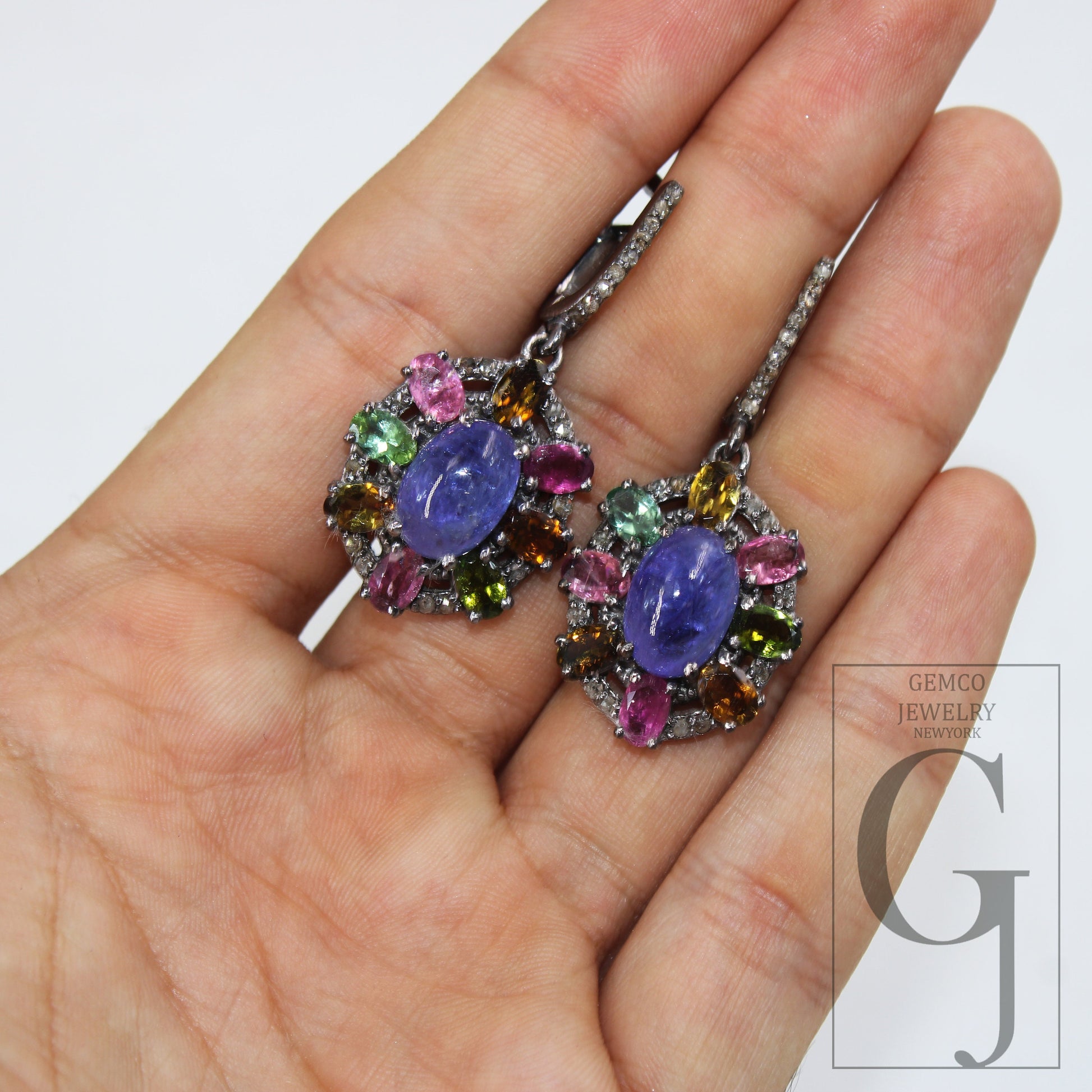 Antique Look Tanzanite Multi Tourmaline Earring Rosecut Pave Diamond Earrings 925 Sterling Silver Handmade Silver Finish Diamond Earring