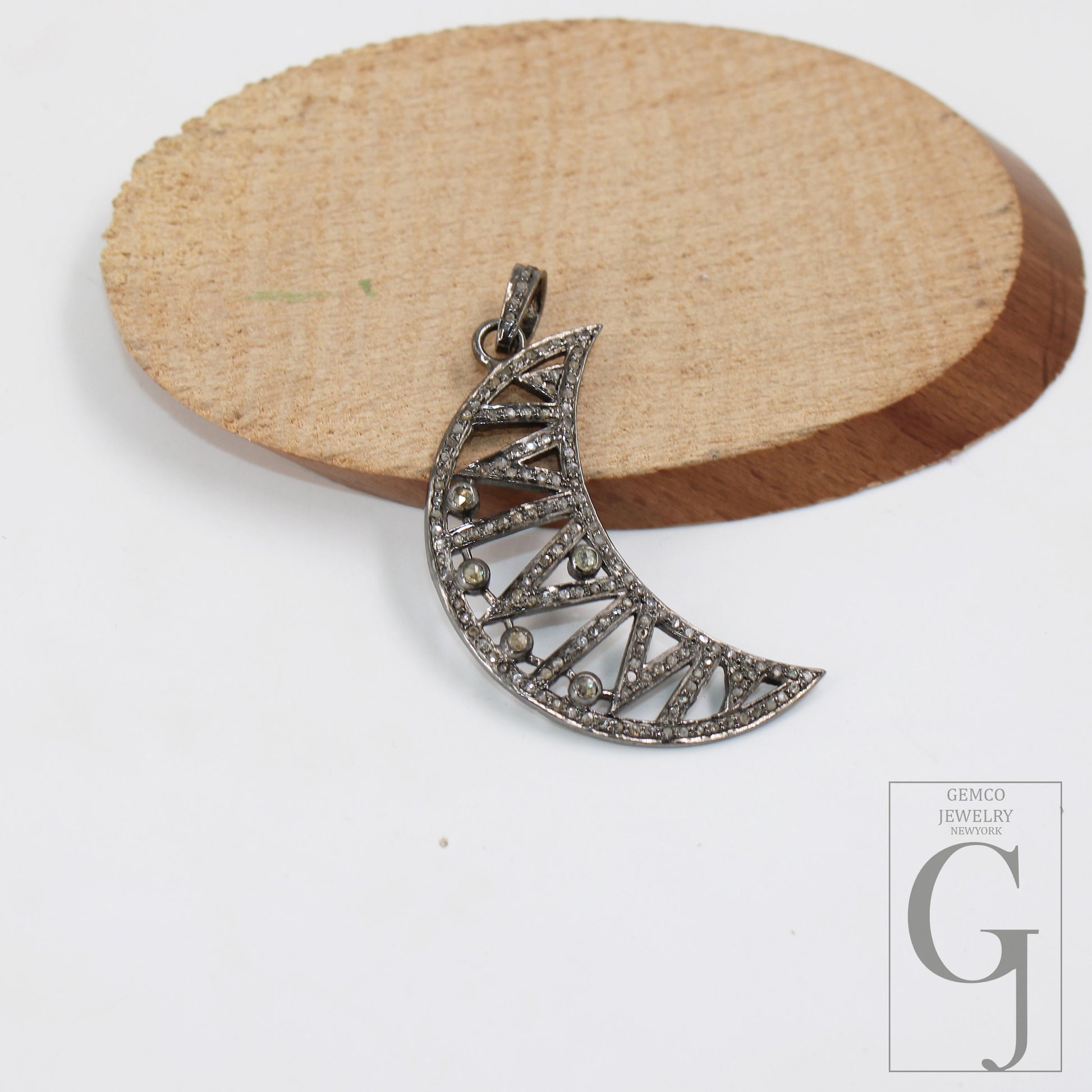 1pc Antique Finish Crescent Moon Design Pave Diamond Rosecut Pendant 925 Sterling Silver Pendant Handmade Diamond Pendant Jewelry