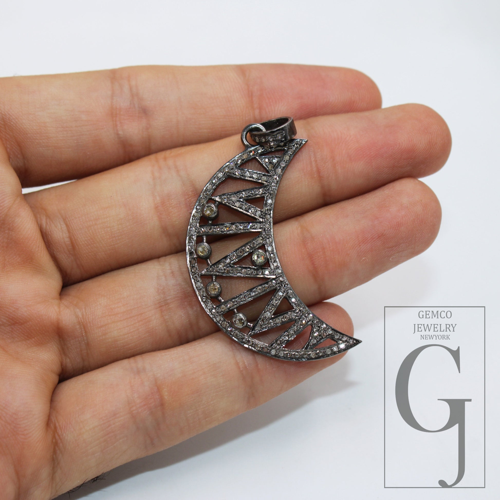 1pc Antique Finish Crescent Moon Design Pave Diamond Rosecut Pendant 925 Sterling Silver Pendant Handmade Diamond Pendant Jewelry