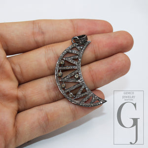 1pc Antique Finish Crescent Moon Design Pave Diamond Rosecut Pendant 925 Sterling Silver Pendant Handmade Diamond Pendant Jewelry