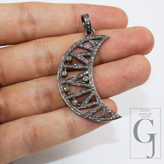 1pc Antique Finish Crescent Moon Design Pave Diamond Rosecut Pendant 925 Sterling Silver Pendant Handmade Diamond Pendant Jewelry