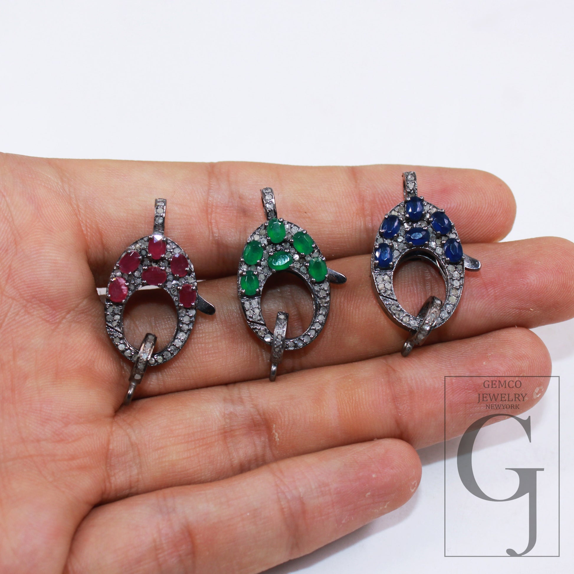 Rosecut Pave Diamond Clasp, Pave Diamond Clasp, 925 Sterling Silver Handmade Finish Color Stones Diamond Clasp With Matching Jump Ring