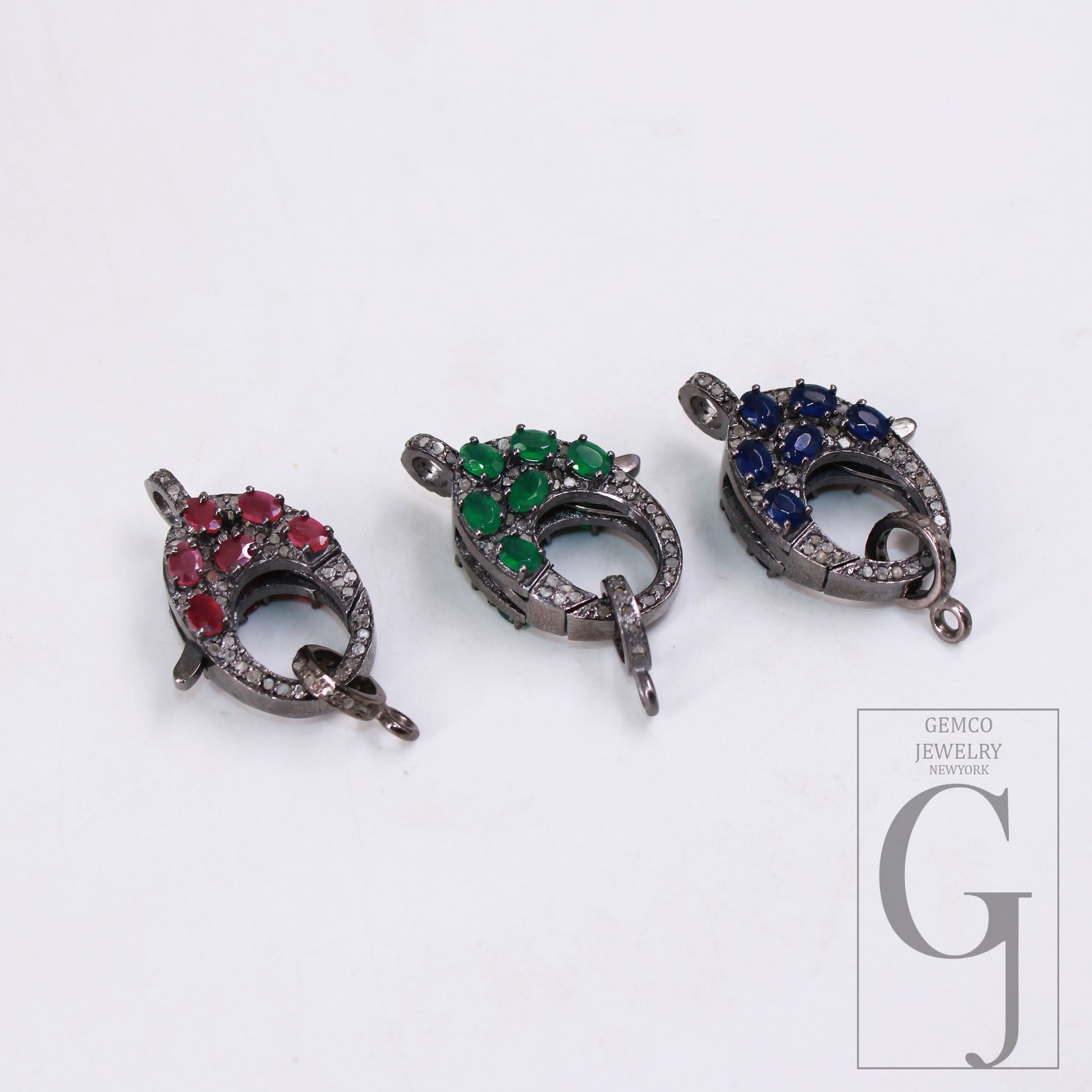 Emerald , Sapphire . Ruby Rosecut pave diamond clasp 925 sterling silver handmade finish color stones diamond clasp with matching jump ring