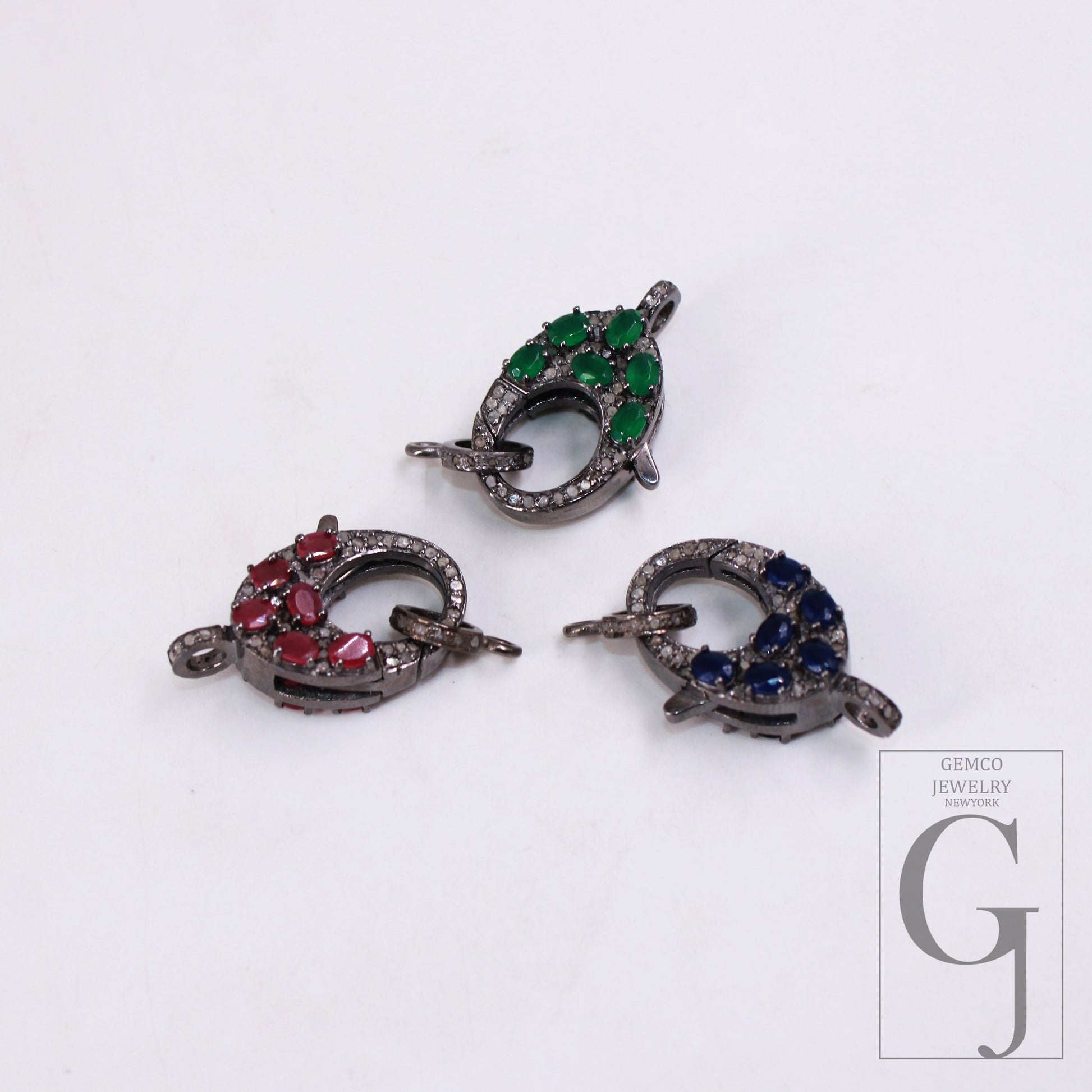 Emerald , Sapphire . Ruby Rosecut pave diamond clasp 925 sterling silver handmade finish color stones diamond clasp with matching jump ring