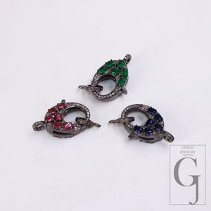 Emerald , Sapphire . Ruby Rosecut pave diamond clasp 925 sterling silver handmade finish color stones diamond clasp with matching jump ring