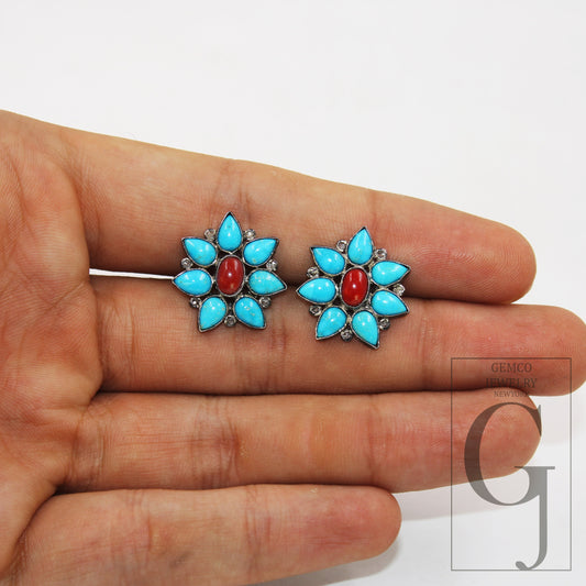 Sleeping Beauty Arizona Turquoise And Coral Rosecut Diamond 925 Sterling Silver Handmade Very Beautiful Diamond Pave Stud Earrings jewelry