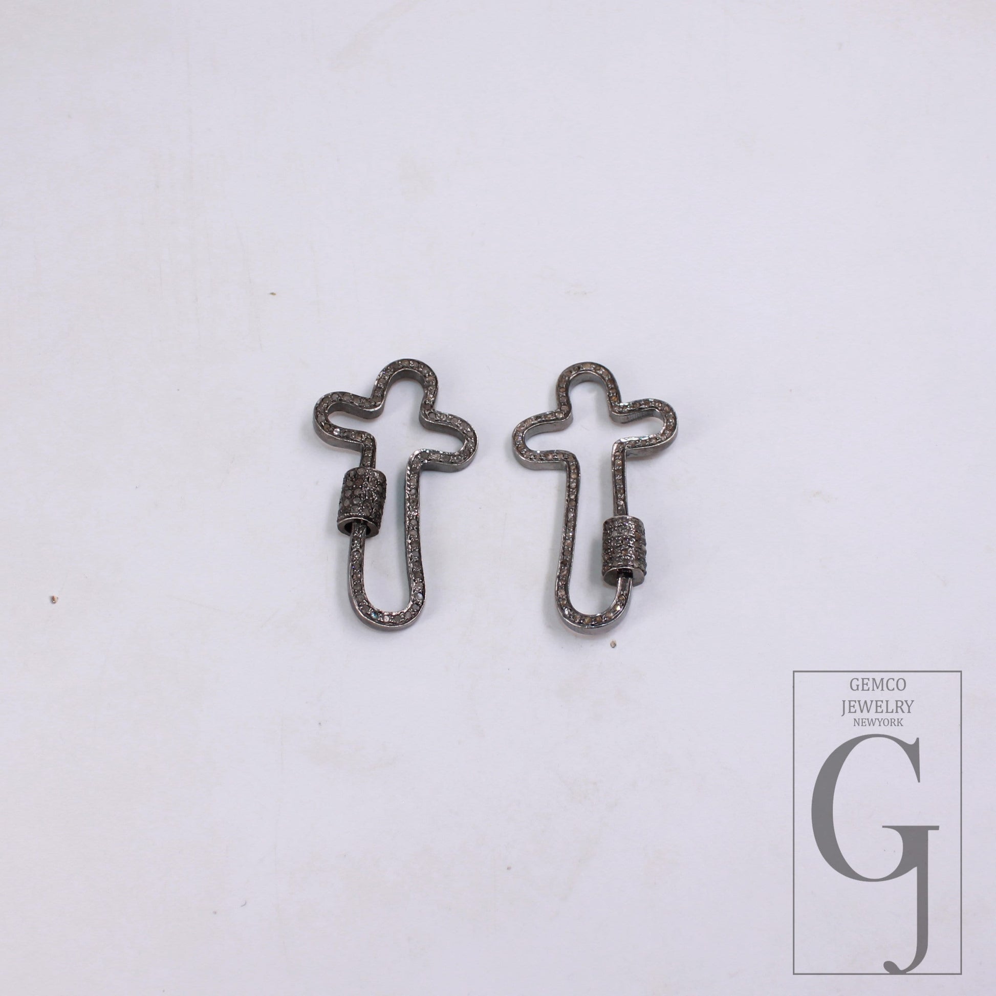 1pc Crossed Shaped Carabiner Lock Rosecut Pave Diamond Screw Design Clasps 925 Sterling Silver Handmade Finish Oxidized Clasps