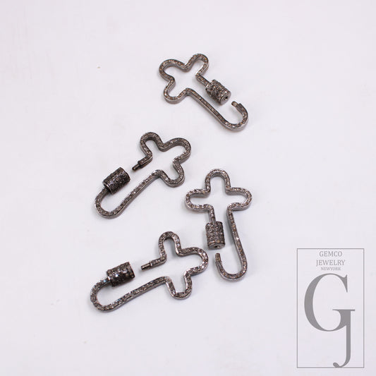 1pc Crossed Shaped Carabiner Lock Rosecut Pave Diamond Screw Design Clasps 925 Sterling Silver Handmade Finish Oxidized Clasps