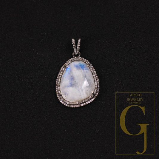 1pc Antique Look Rainbow Moonstone Pendant Rosecut Pave Diamond Pendant 925 Sterling Silver Handmade Finish Diamond Charms Necklace Pendant