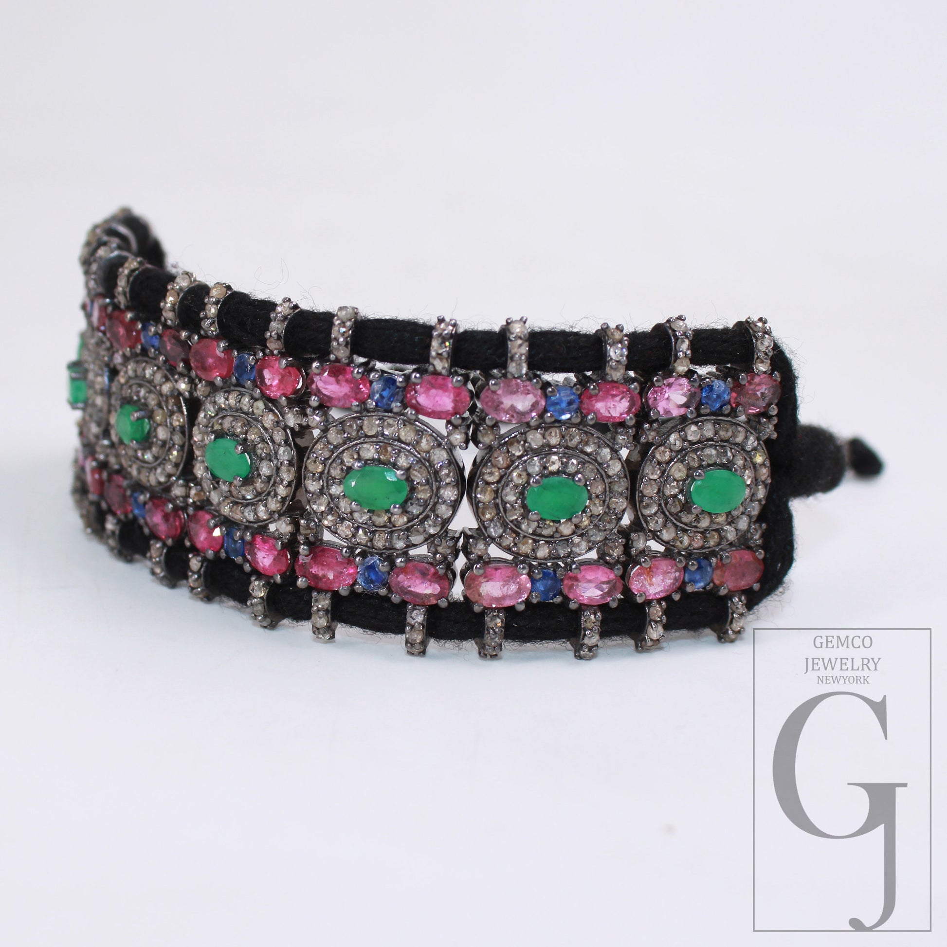 Pink tourmaline and emerald design thread bracelet pave diamond thread bangle bracelet 925 sterling silver handmade finish bangle bracelet