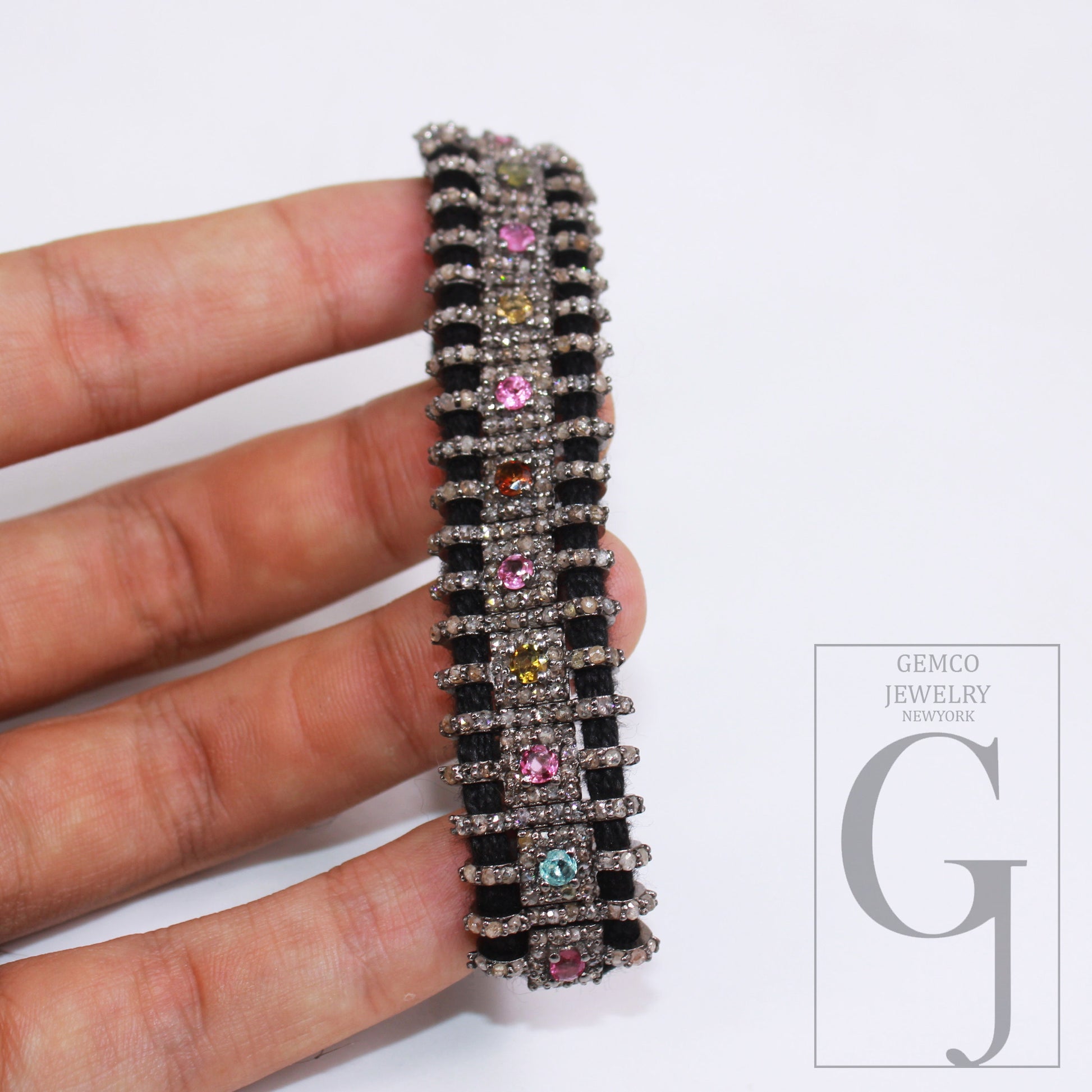 1pc Multi Tourmaline Design Thread Bracelet Rosecut Pave Diamond Thread Bangle Bracelet 925 Sterling Silver Handmade Finish Bangle Bracelet