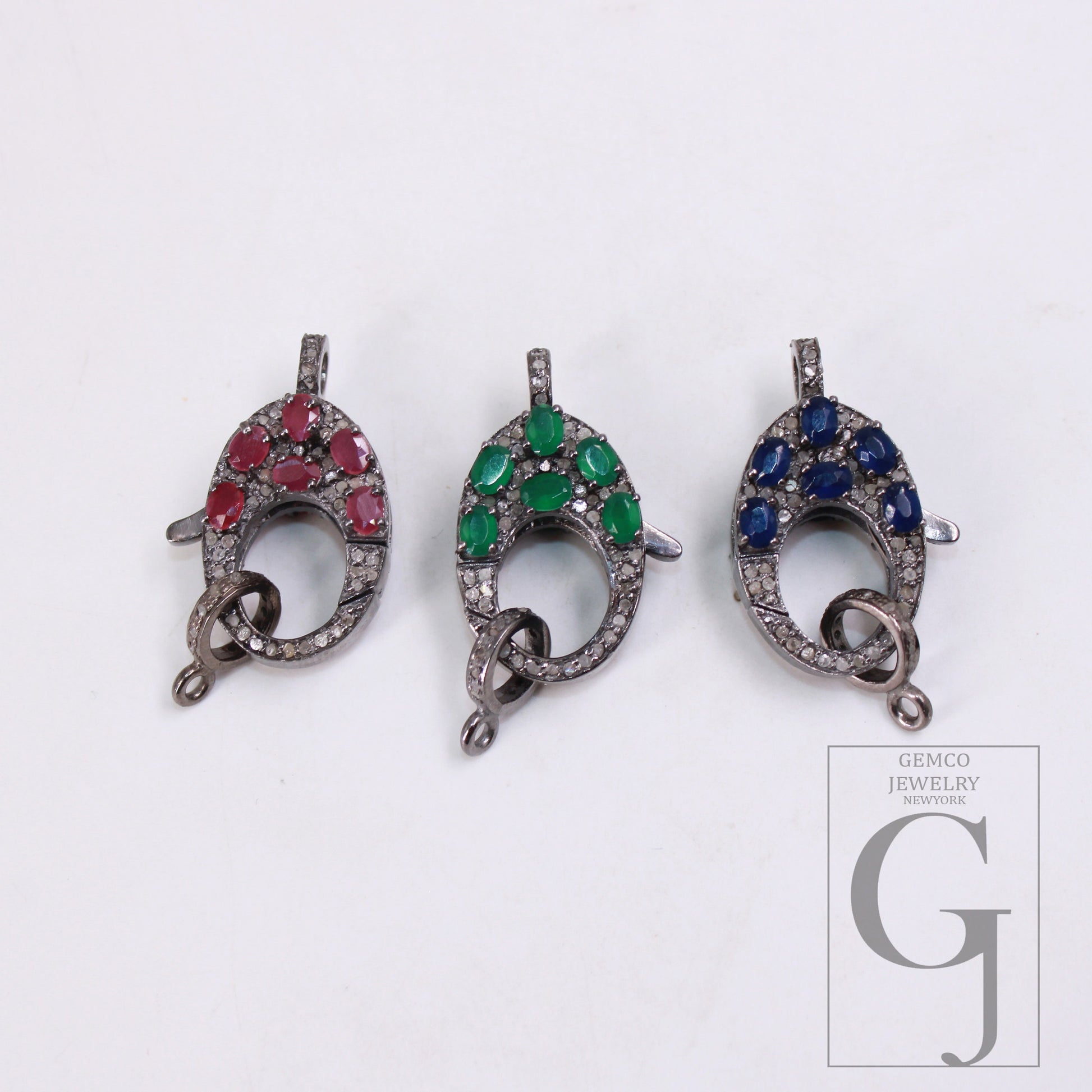 Emerald , Sapphire . Ruby Rosecut pave diamond clasp 925 sterling silver handmade finish color stones diamond clasp with matching jump ring