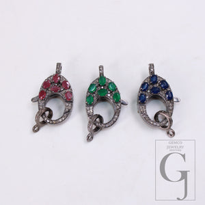 Emerald , Sapphire . Ruby Rosecut pave diamond clasp 925 sterling silver handmade finish color stones diamond clasp with matching jump ring