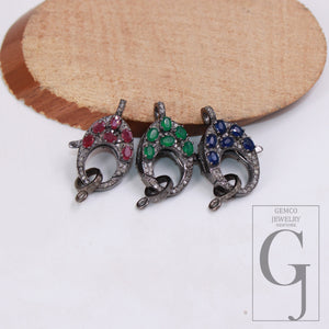 Emerald , Sapphire . Ruby Rosecut pave diamond clasp 925 sterling silver handmade finish color stones diamond clasp with matching jump ring