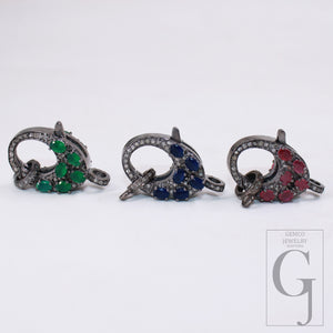 Emerald , Sapphire . Ruby Rosecut pave diamond clasp 925 sterling silver handmade finish color stones diamond clasp with matching jump ring