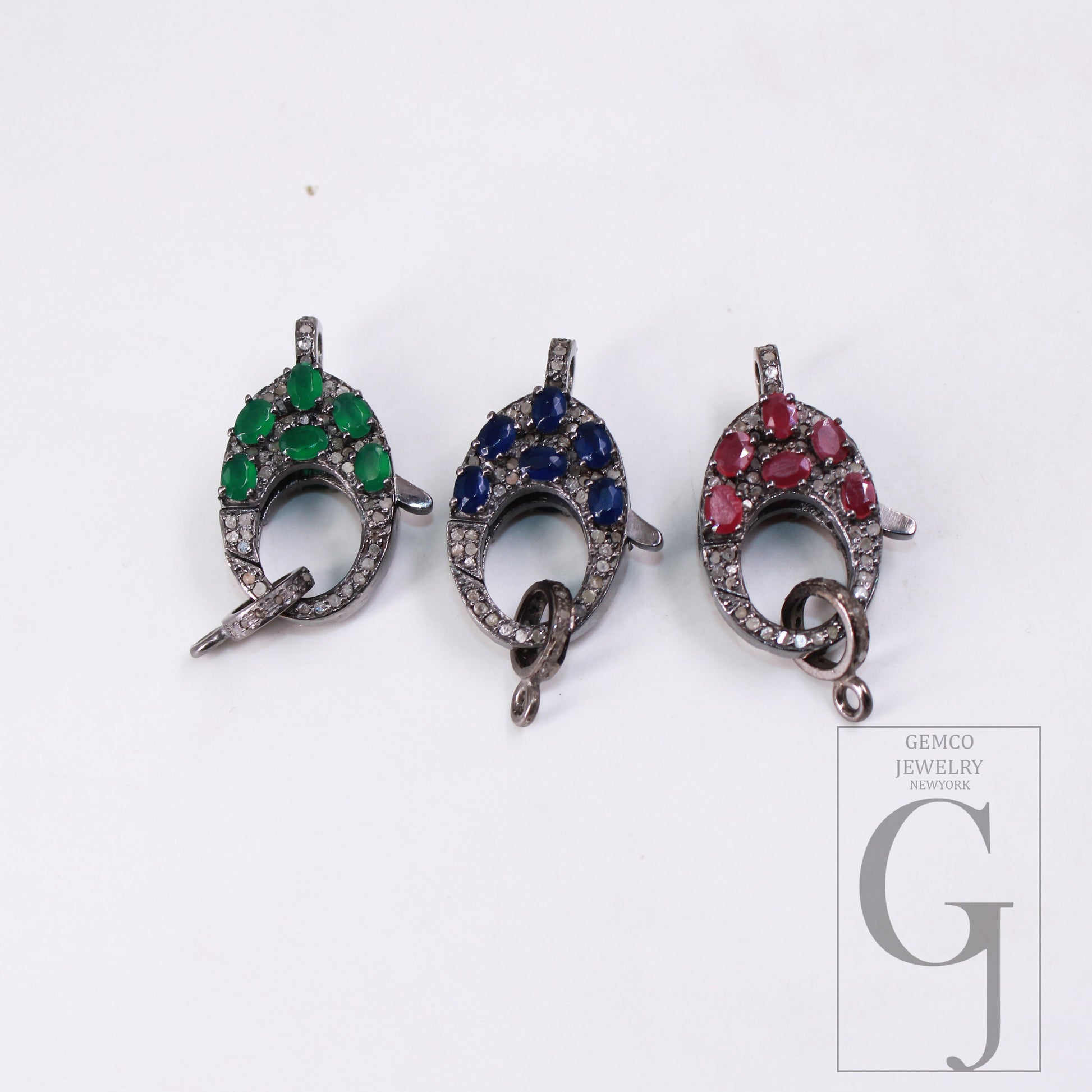 Emerald , Sapphire . Ruby Rosecut pave diamond clasp 925 sterling silver handmade finish color stones diamond clasp with matching jump ring