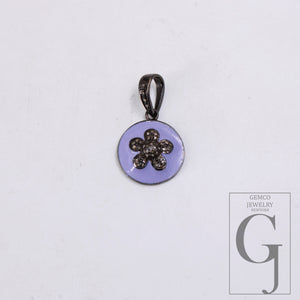 Lavender Enameling Flower Pendant Designer Rosecut Pave Diamond Pendant Sterling 925 Silver Handmade Finish Diamond Charms Necklace Pendant