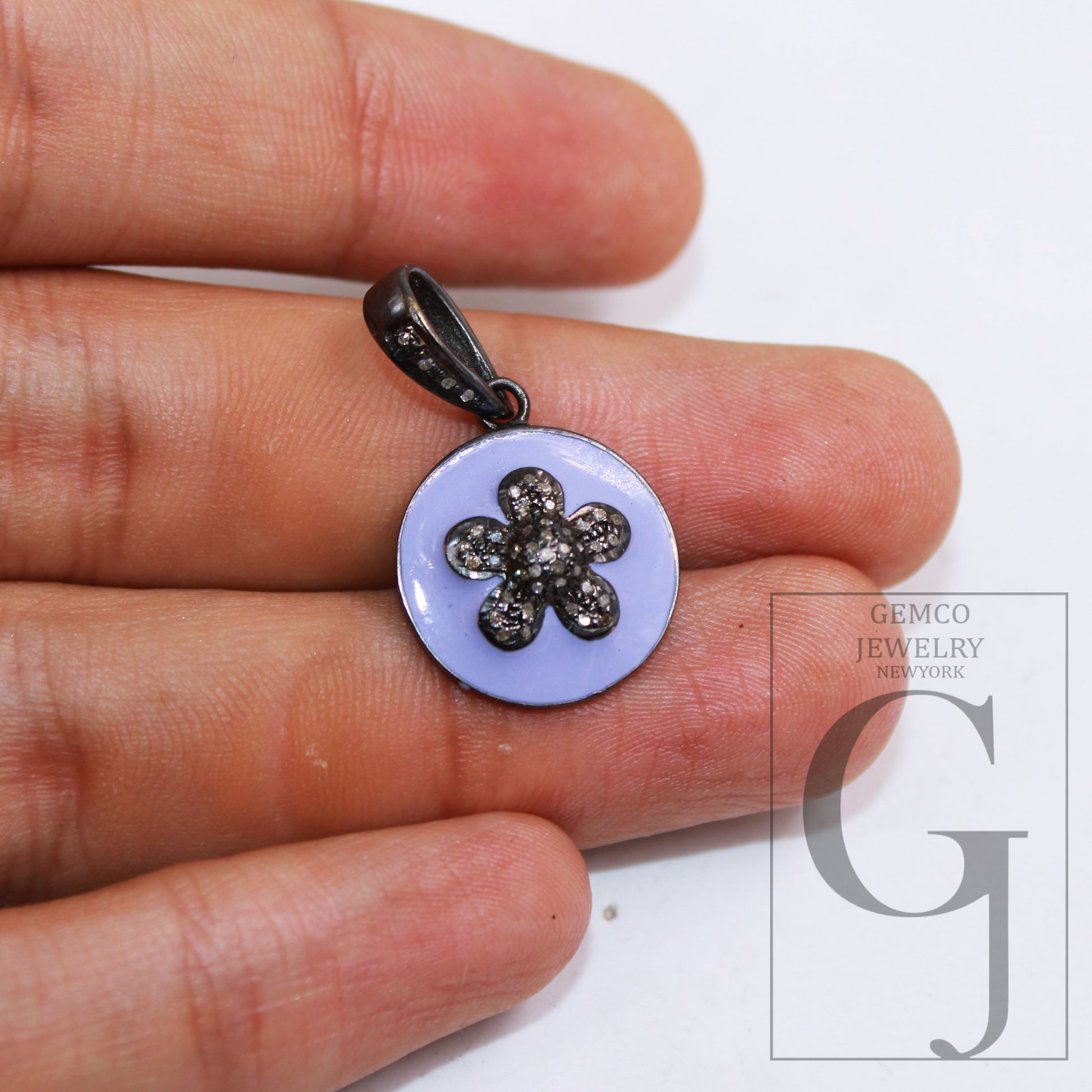 Lavender Enameling Flower Pendant Designer Rosecut Pave Diamond Pendant Sterling 925 Silver Handmade Finish Diamond Charms Necklace Pendant