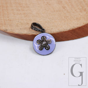 Lavender Enameling Flower Pendant Designer Rosecut Pave Diamond Pendant Sterling 925 Silver Handmade Finish Diamond Charms Necklace Pendant