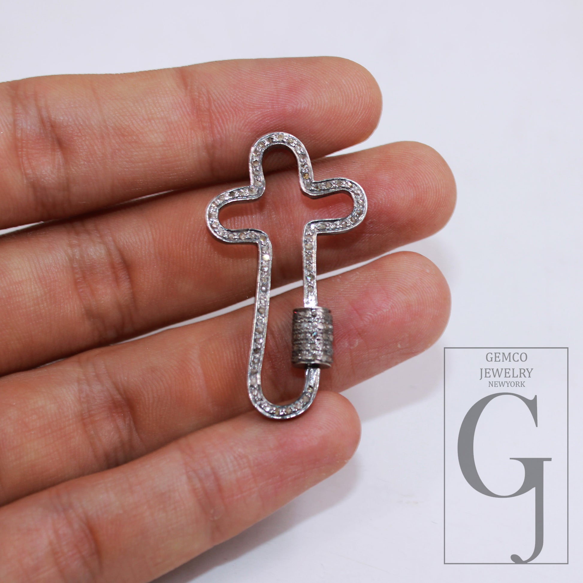 1pc Crossed Shaped Carabiner Lock Rosecut Pave Diamond Screw Design Clasps 925 Sterling Silver Handmade Finish Oxidized Clasps
