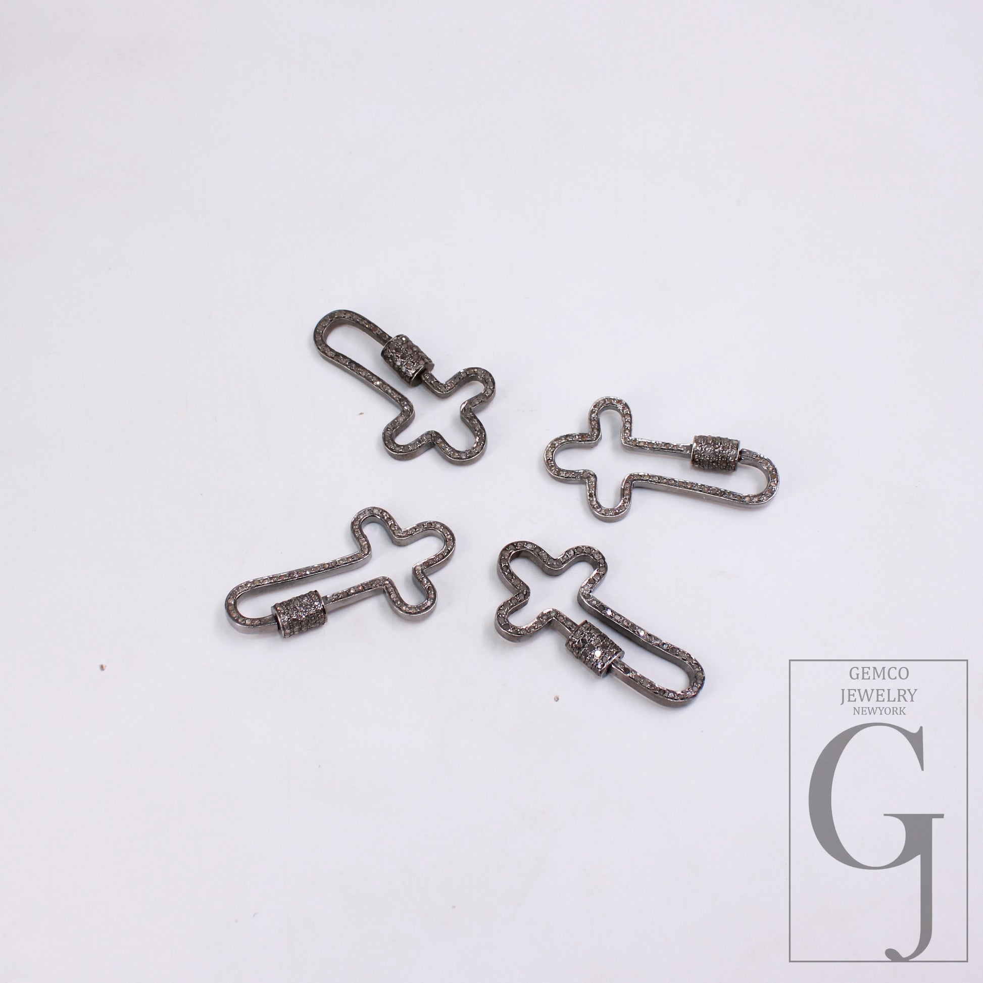 1pc Crossed Shaped Carabiner Lock Rosecut Pave Diamond Screw Design Clasps 925 Sterling Silver Handmade Finish Oxidized Clasps