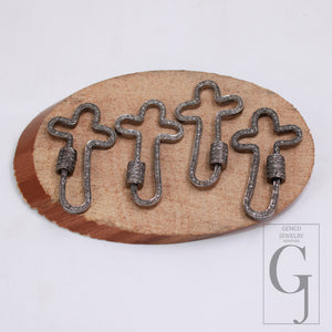 1pc Crossed Shaped Carabiner Lock Rosecut Pave Diamond Screw Design Clasps 925 Sterling Silver Handmade Finish Oxidized Clasps