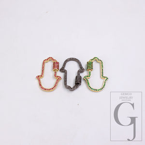 1pc Pave Black Diamond / Pave Emerald / Pave Ruby Stone 925 Sterling Silver Finish Hamsa Shaped Vermail Gold Screw Design Locks Clasp Charms