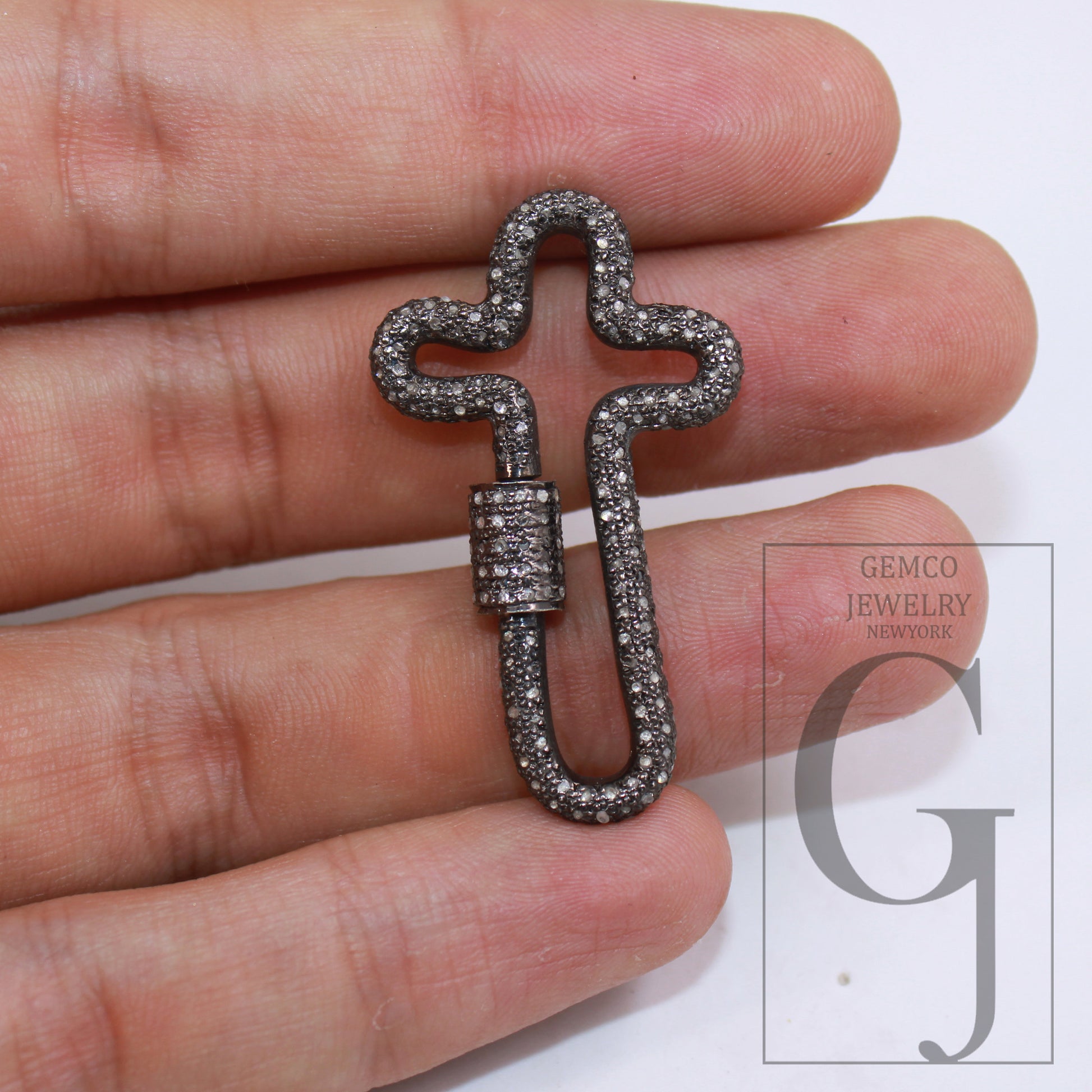 1pc Oxidized Finish Rosecut Full Pave Diamond Carabiner Clasp Lock 925 Sterling Silver Handmade Finish Beautiful Cross Design Jewelry