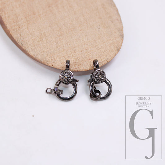Black oxidized Pave rosecut diamond 925 sterling silver handmade pave diamond lobster clasp matching jump ring necklace pendant clasp lock