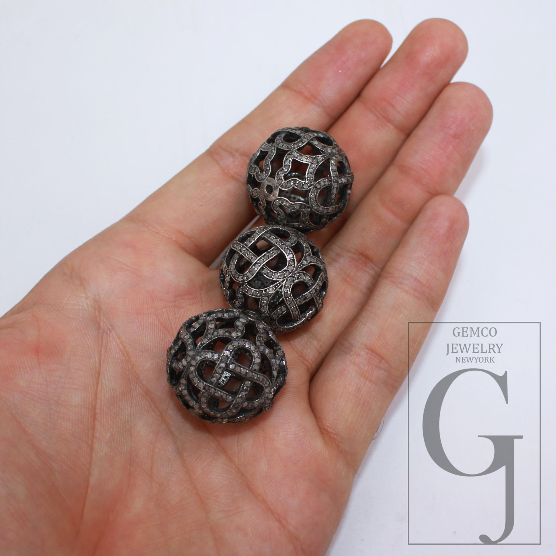 1pc Big Size 24mm Oxidized Rocecut Pave Diamond Bead 925 Sterling Silver Handmade Silver Finish Diamond Necklace Making Supplies