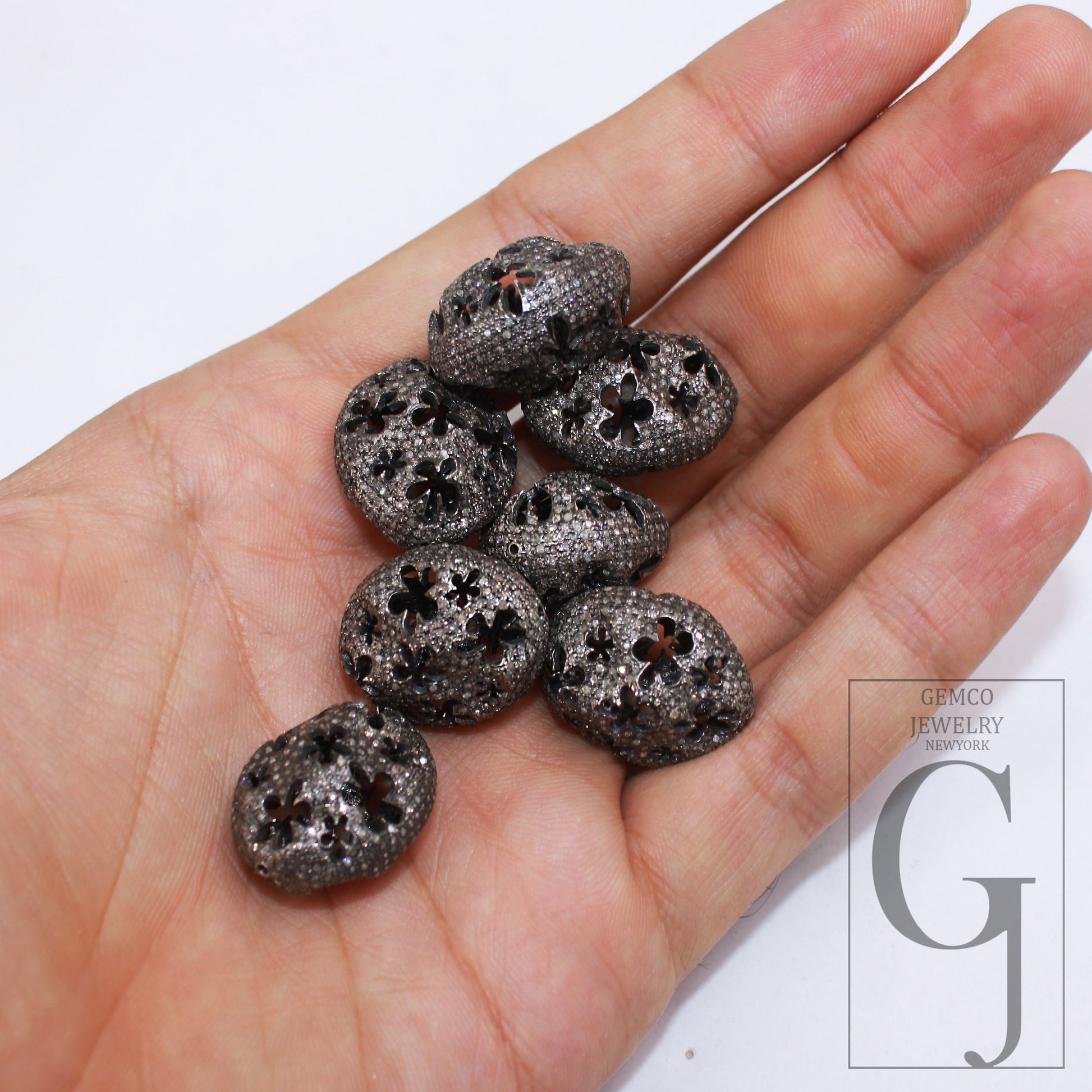 1pc Oxidized Nugget Beads Flower Designer Rosecut Pave Diamond Beads 925 Sterling Silver Handmade Silver Finish Diamond Spacers Jewelry