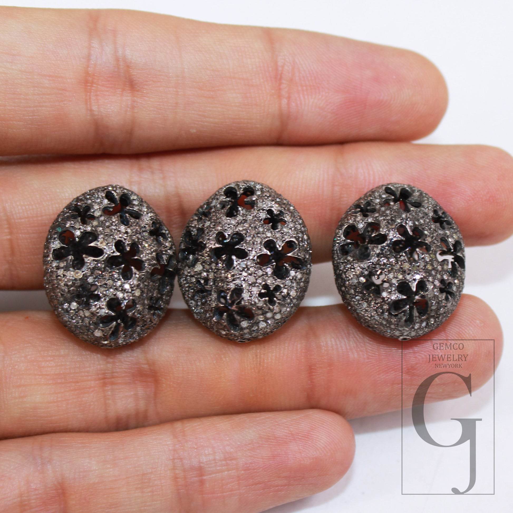 1pc Oxidized nugget beads flower designer Rosecut pave diamond beads 925 sterling silver handmade silver finish diamond spacers jewelry