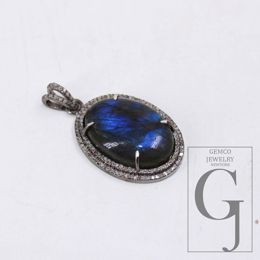 1pc Beautiful labradorite gemstone pendant Rosecut pave diamond pendant 925 sterling silver handmade finish diamond charm necklace pendant