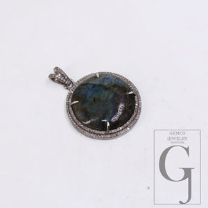 1pc Round Natural Labradorite Pendant Designer Rosecut Pave Diamond 925 Sterling Silver Handmade Finish Pendant Diamond Charm Necklace