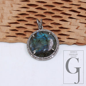 1pc Round shape labradorite pendant designer Rosecut pave diamond 925 sterling silver handmade finish pendant diamond charm necklace pendant