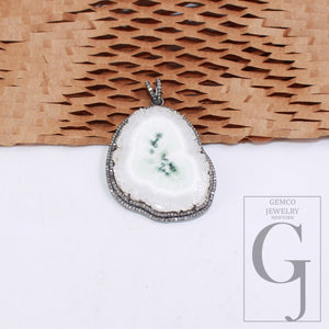 White SOLAR Agate pendant Druzy Agate Slice Rosecut pave diamond pendant 925 sterling silver handmade finish diamond charm necklace pendant