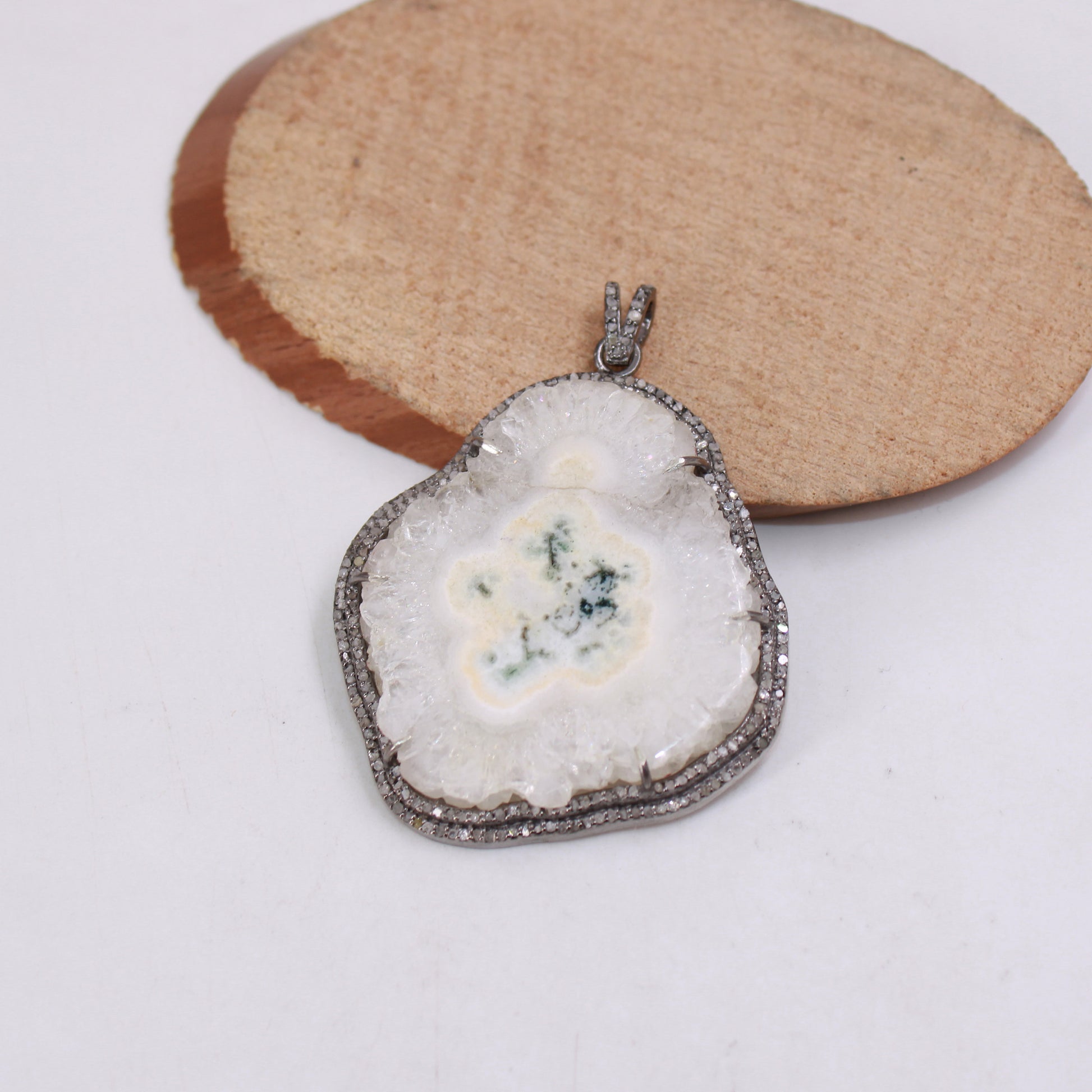 White SOLAR Agate pendant Druzy Agate Slice Rosecut pave diamond pendant 925 sterling silver handmade finish diamond charm necklace pendant