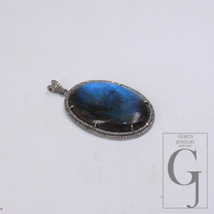 1pc Oxidized Designer Labradorite Pendant Rosecut Pave Diamond Pendant 925 Sterling Silver Handmade Finish Diamond Charms Necklace Pendant