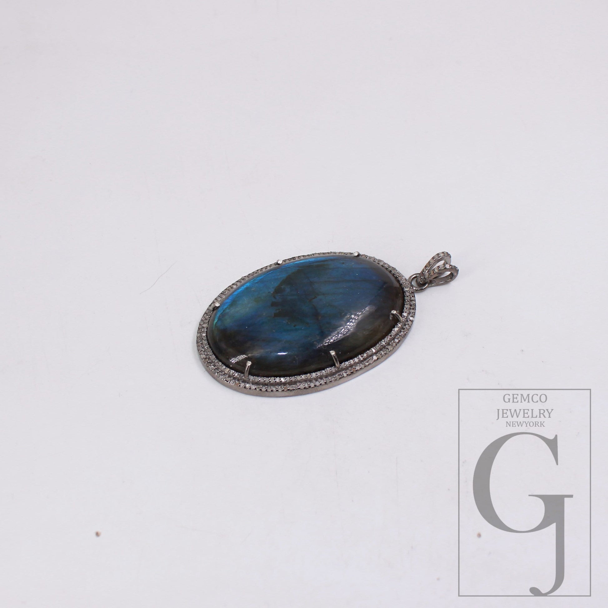 1pc Oxidized Designer Labradorite Pendant Rosecut Pave Diamond Pendant 925 Sterling Silver Handmade Finish Diamond Charms Necklace Pendant