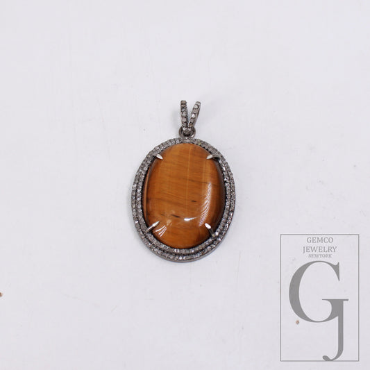 1pc Beautiful tiger-eye gemstone pendant Rosecut pave diamond pendant 925 sterling silver handmade finish diamond charm necklace pendant