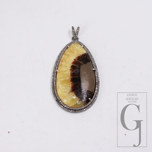 1pc Septarian Jasper Pendant Gemstone Designer Rosecut Pave Diamond Pendant 925 Sterling Silver Handmade Finish Diamond Necklace Pendant