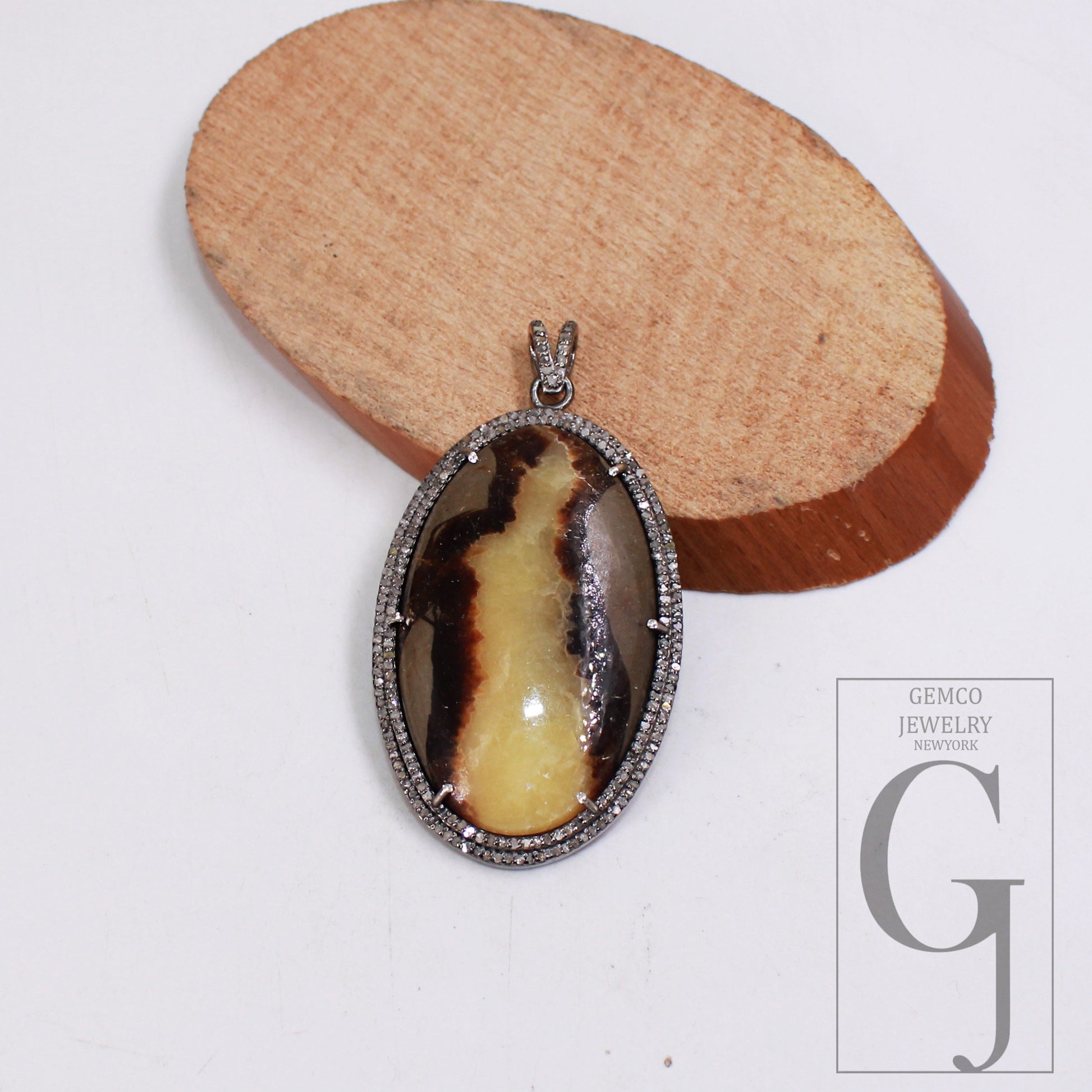 Yellow Septarian jasper pendant gemstone designer Rosecut pave diamond pendant 925 sterling silver handmade finish diamond necklace pendant