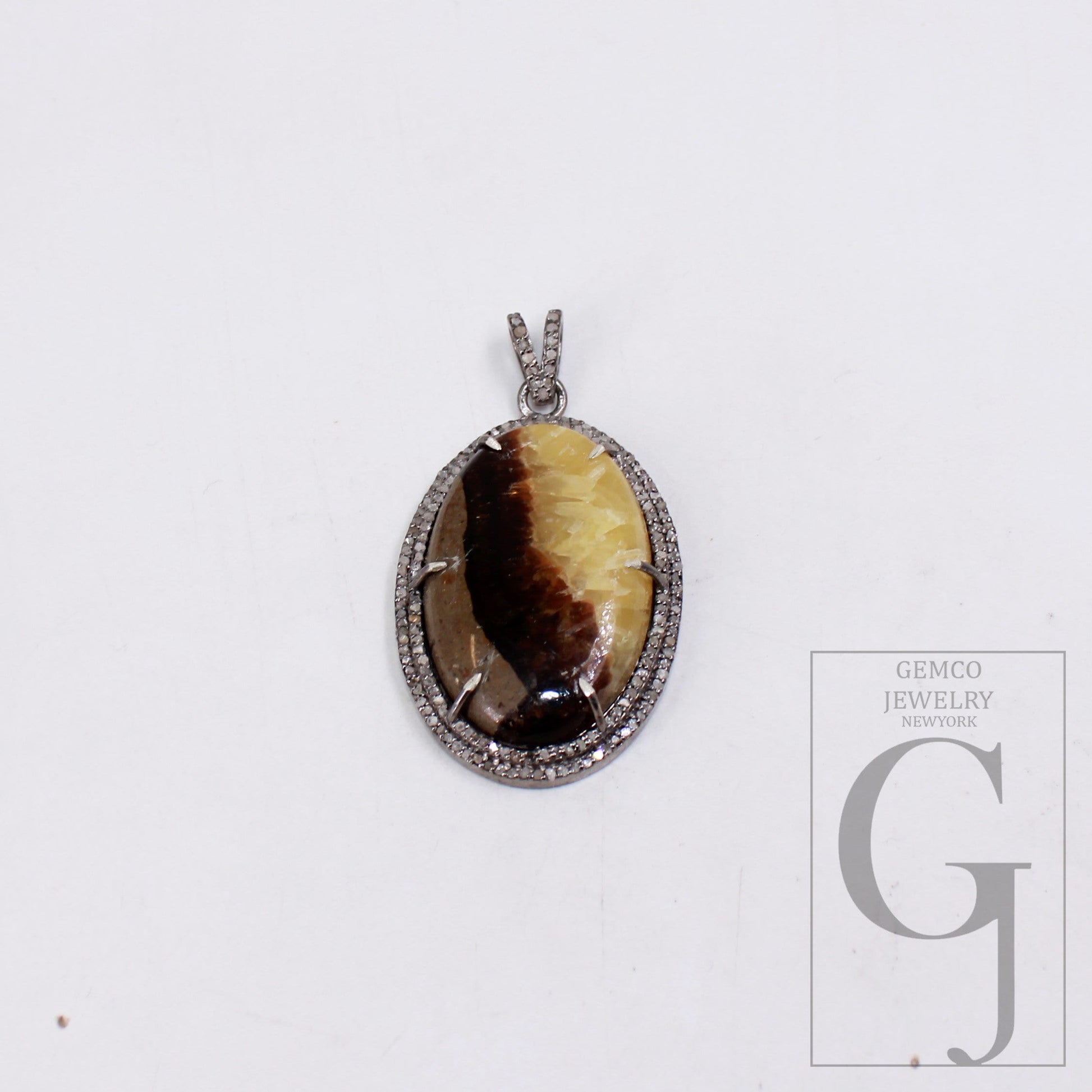 34.10ct Septarian jasper pendant gemstone designer Rosecut pave diamond pendant 925 sterling silver handmade finish diamond necklace pendant