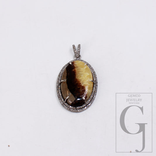34.10ct Septarian jasper pendant gemstone designer Rosecut pave diamond pendant 925 sterling silver handmade finish diamond necklace pendant