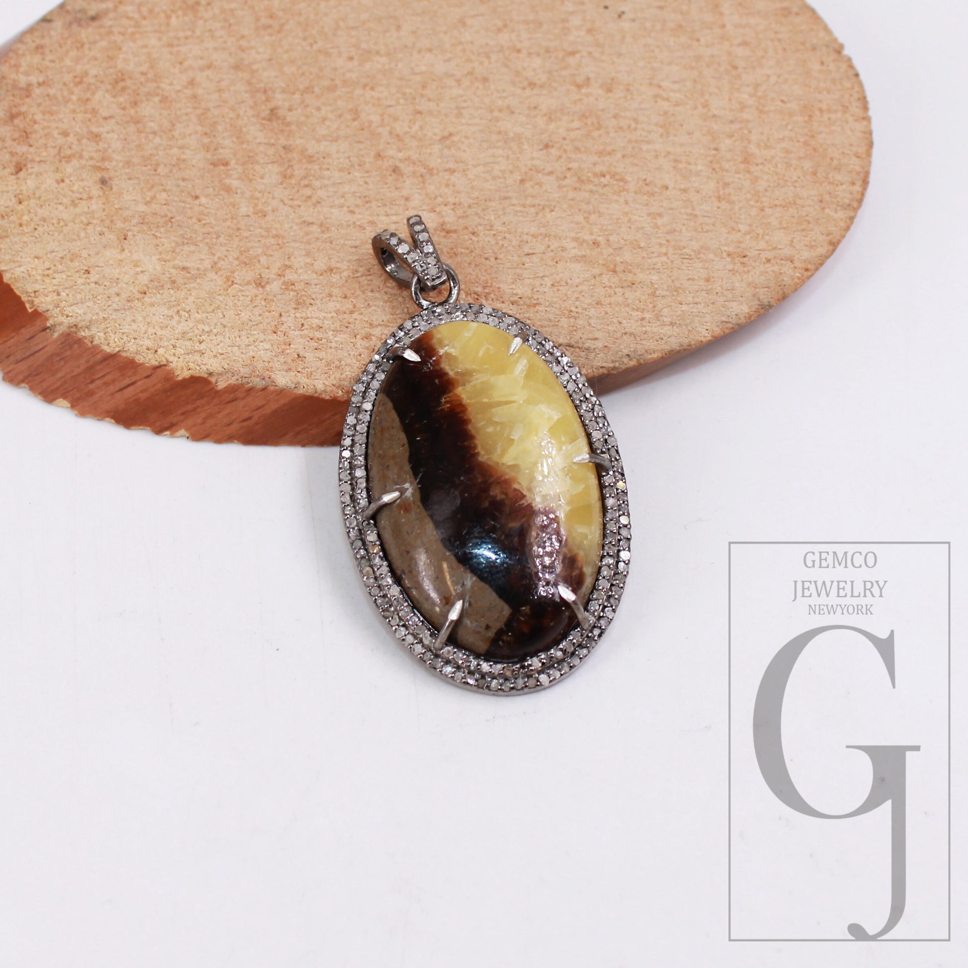 34.10ct Septarian jasper pendant gemstone designer Rosecut pave diamond pendant 925 sterling silver handmade finish diamond necklace pendant